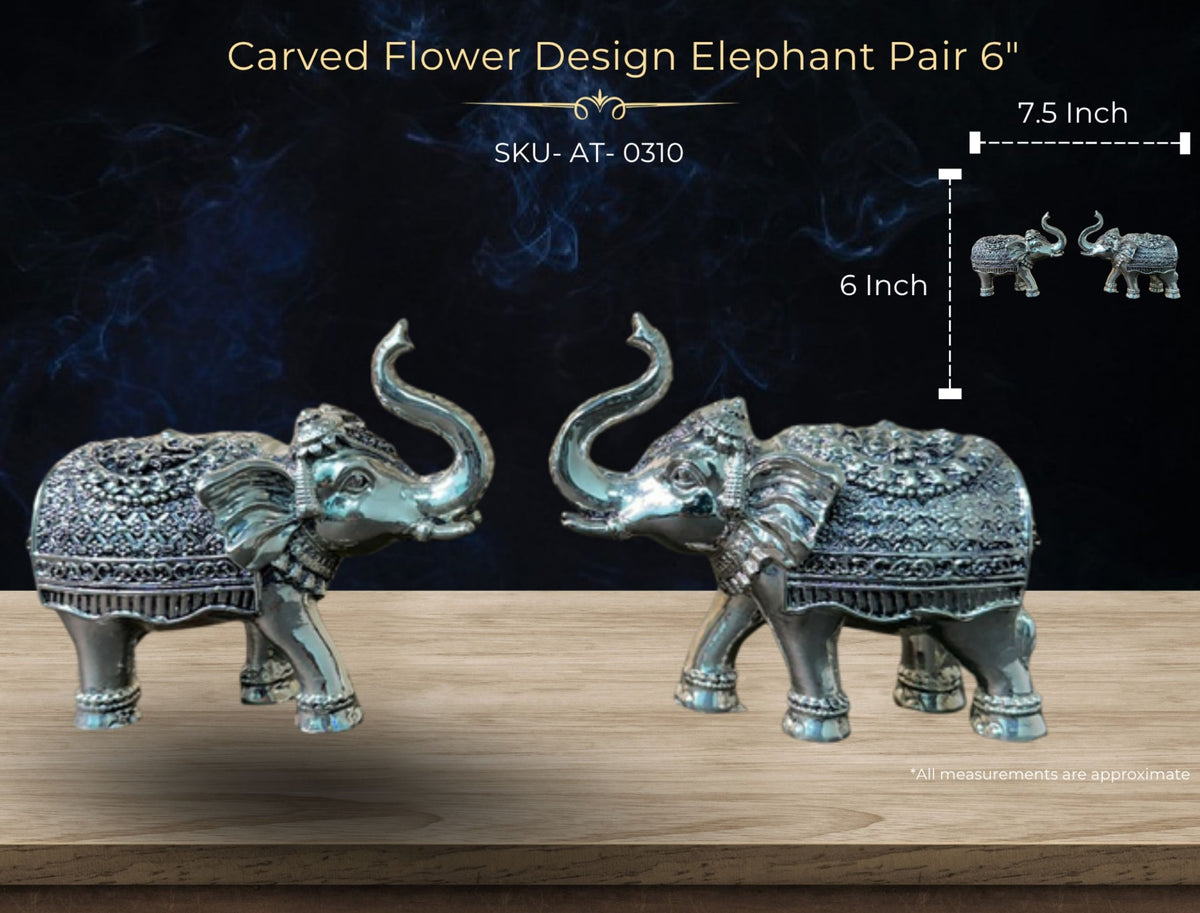 Carved Flower Design Elephant Pair 6" ( AT-0310 )